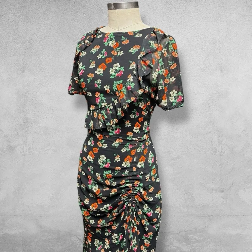 Maje Rancho Ruffle Dress 2 Black Floral Chiffon Midi Whimsigoth Cottagecore - Picture 3 of 10